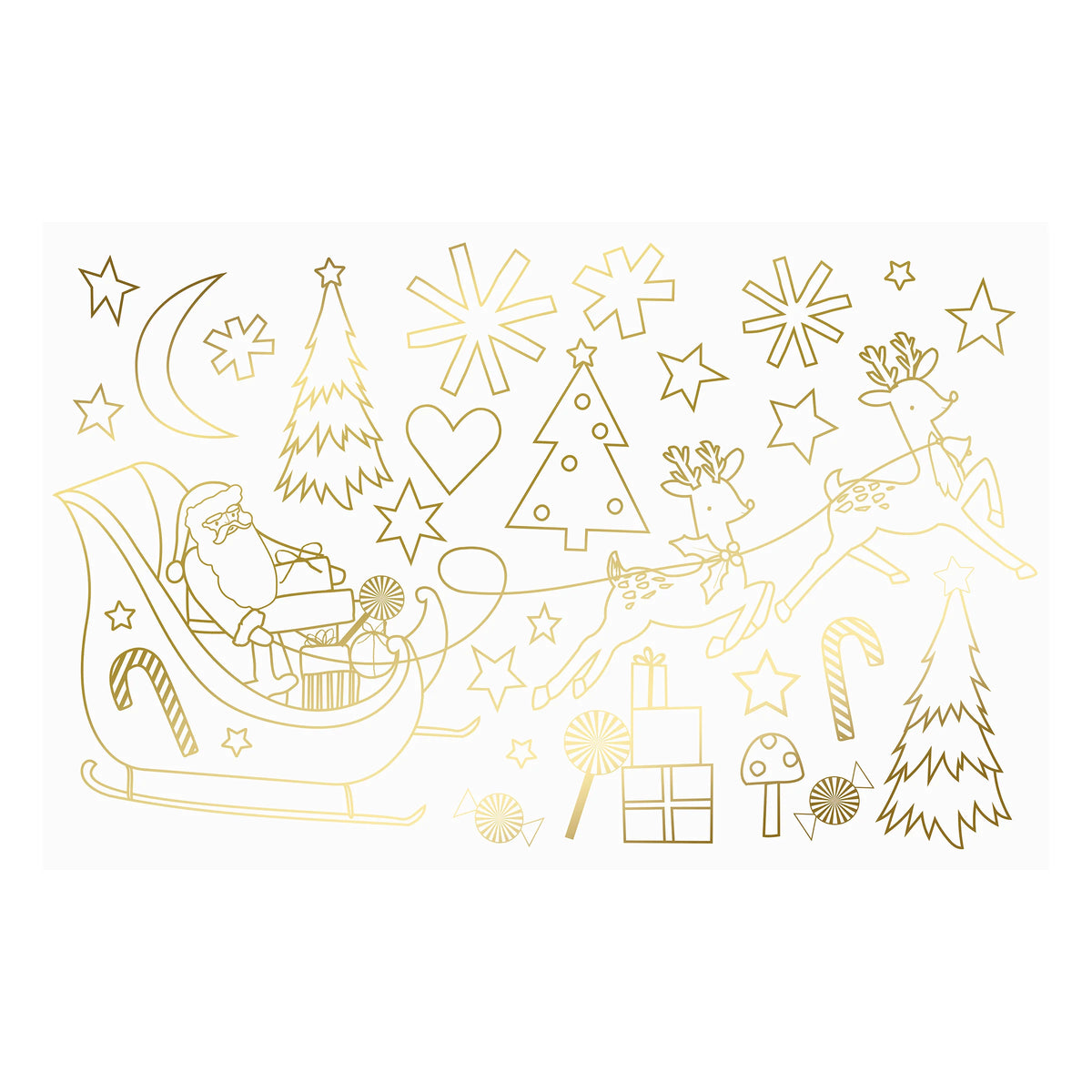 Gold foil holiday outline sticker sheet featuring Santa Claus in his sleigh with reindeer, Christmas trees, stars, candy canes, gifts, and a crescent moon on a white background.