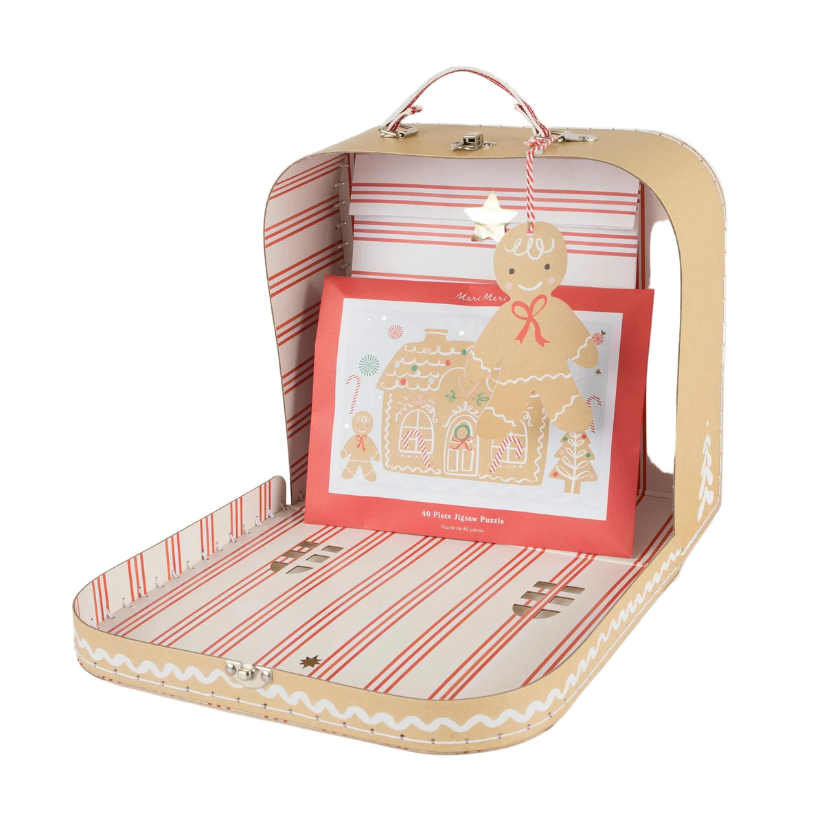 Gingerbread-themed product set in a decorative box with striped interior