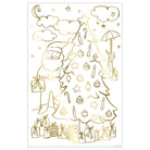Gold Christmas-themed illustration with Santa Claus, tree, and presents on a white background