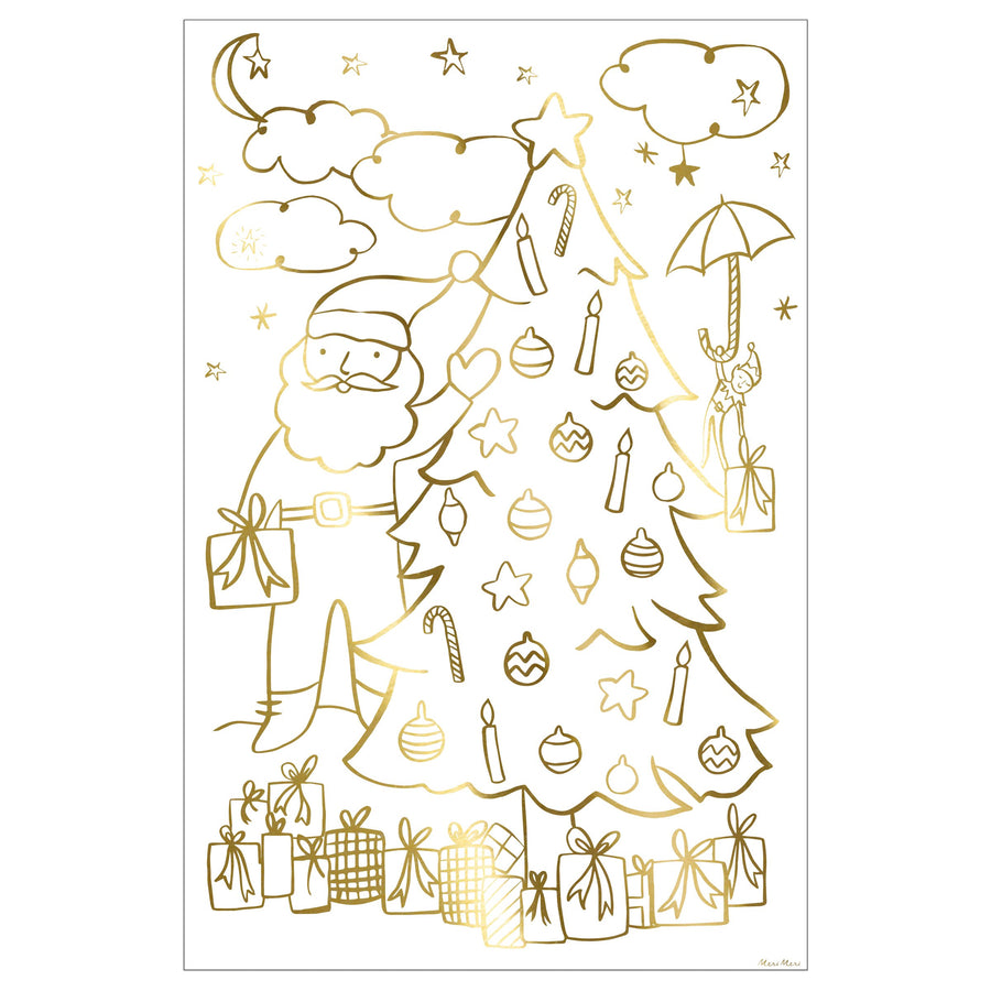 Gold Christmas-themed illustration with Santa Claus, tree, and presents on a white background