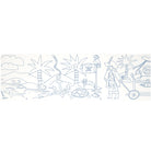 Outline illustration of a pirate scene with palm trees, a parrot, and a treasure chest.
