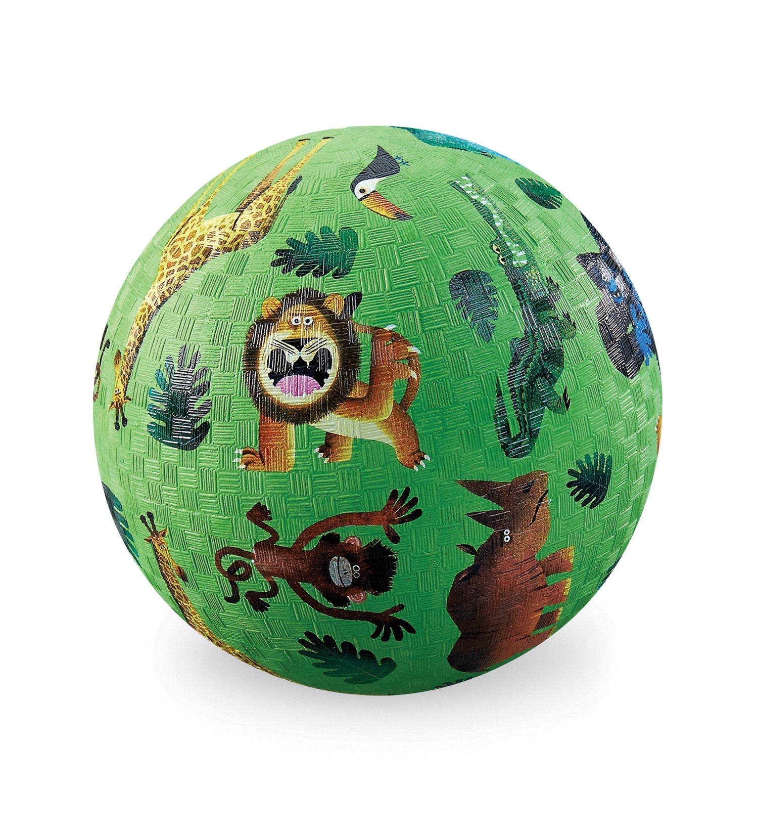Green ball with jungle animal illustrations on a white background