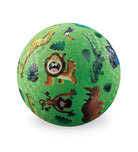 Green ball with jungle animal illustrations on a white background