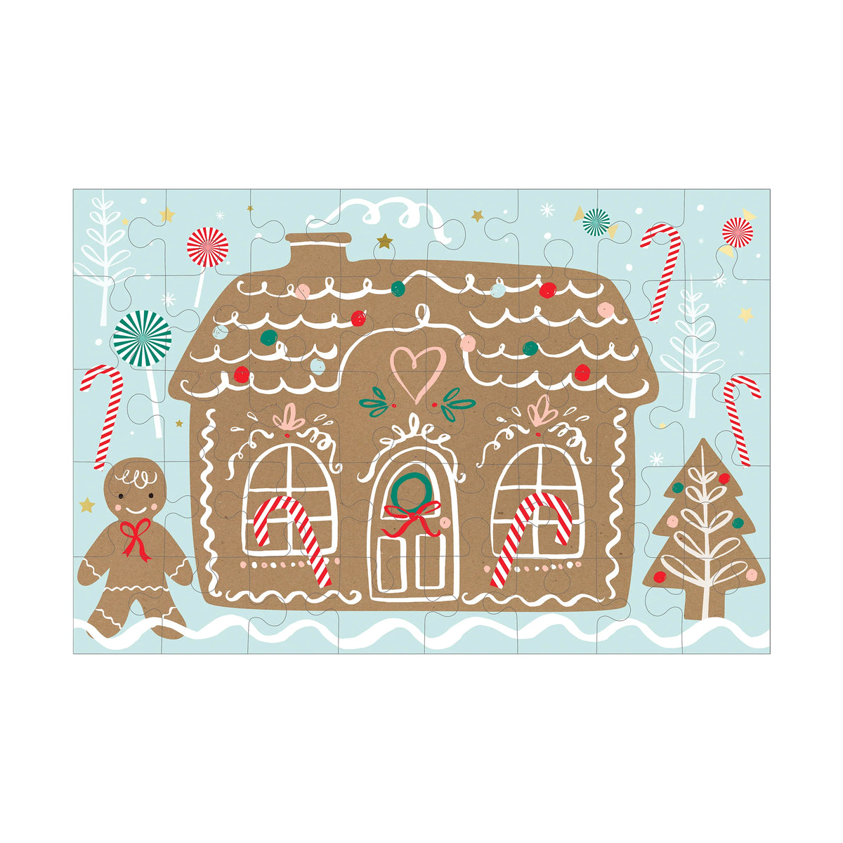 Illustration of a gingerbread house with decorative elements on a light blue background