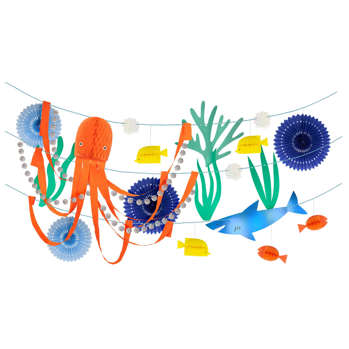An under the sea themed garland featuring a honeycomb octopus, fish, and seaweed with glittery pennants.