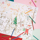 Coloring sheet with Christmas-themed illustrations and colored pencils on a colorful background