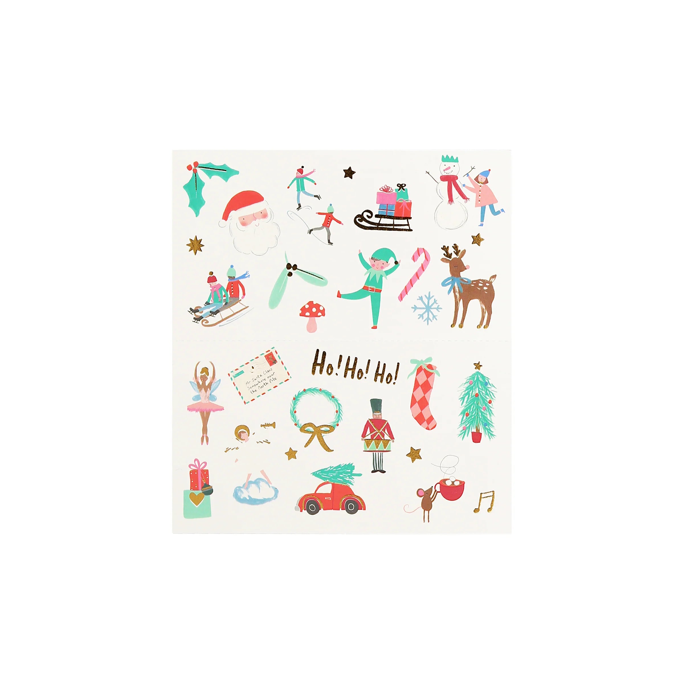 A square sheet of Christmas-themed stickers or decals on a white background, featuring festive illustrations such as Santa Claus, snowman, reindeer, sleighs, candy canes, wreaths, ornaments, and the text 'Ho! Ho! Ho!'.