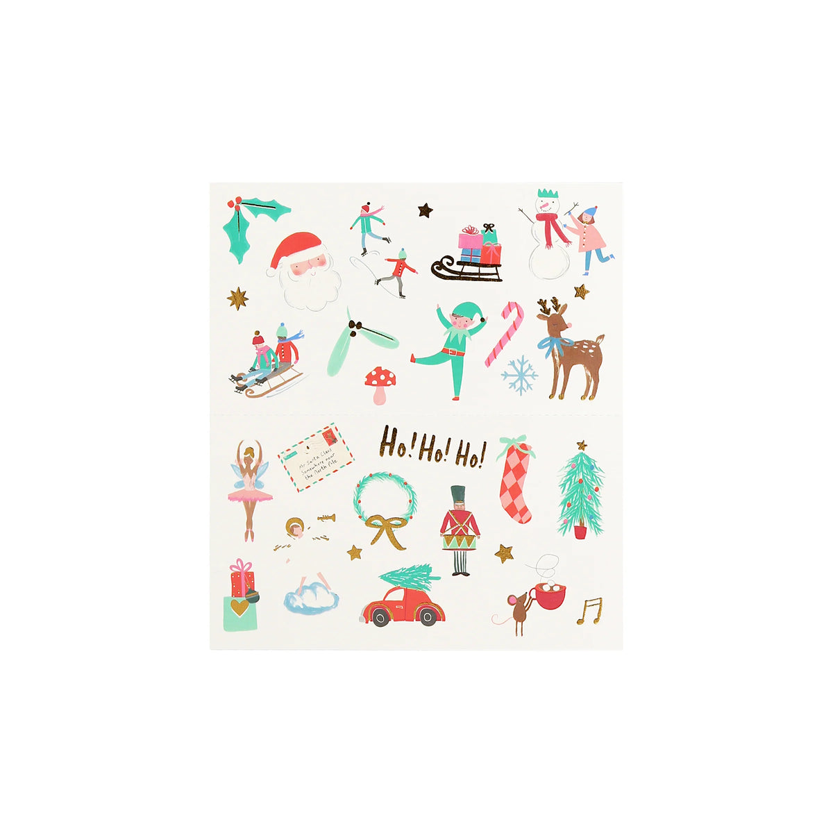 A square sheet of Christmas-themed stickers or decals on a white background, featuring festive illustrations such as Santa Claus, snowman, reindeer, sleighs, candy canes, wreaths, ornaments, and the text 'Ho! Ho! Ho!'.