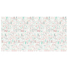 A rectangular fabric or paper sample featuring a dense, repeating Christmas-themed line art pattern in teal green and dusty pink on a white background.