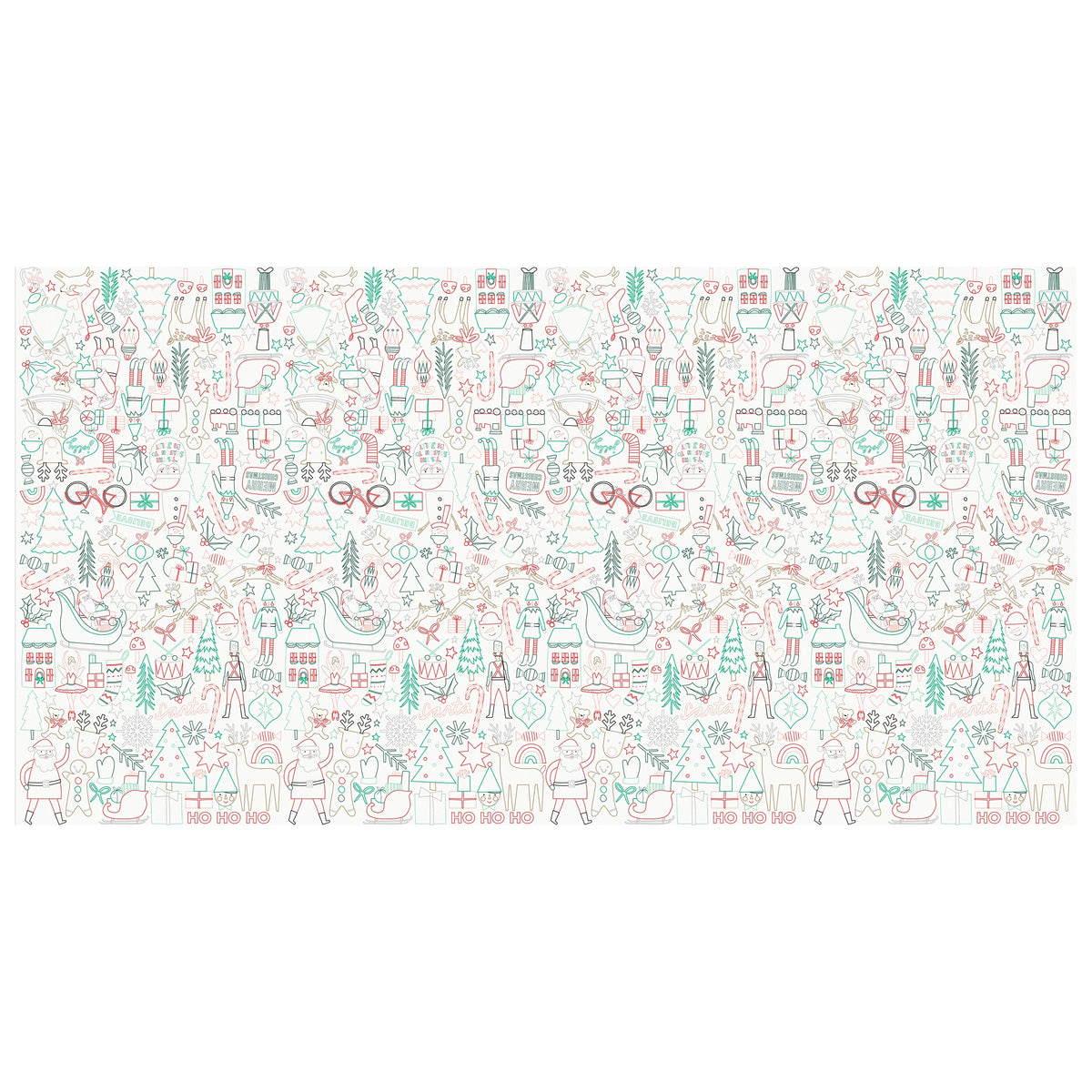A rectangular fabric or paper sample featuring a dense, repeating Christmas-themed line art pattern in teal green and dusty pink on a white background.