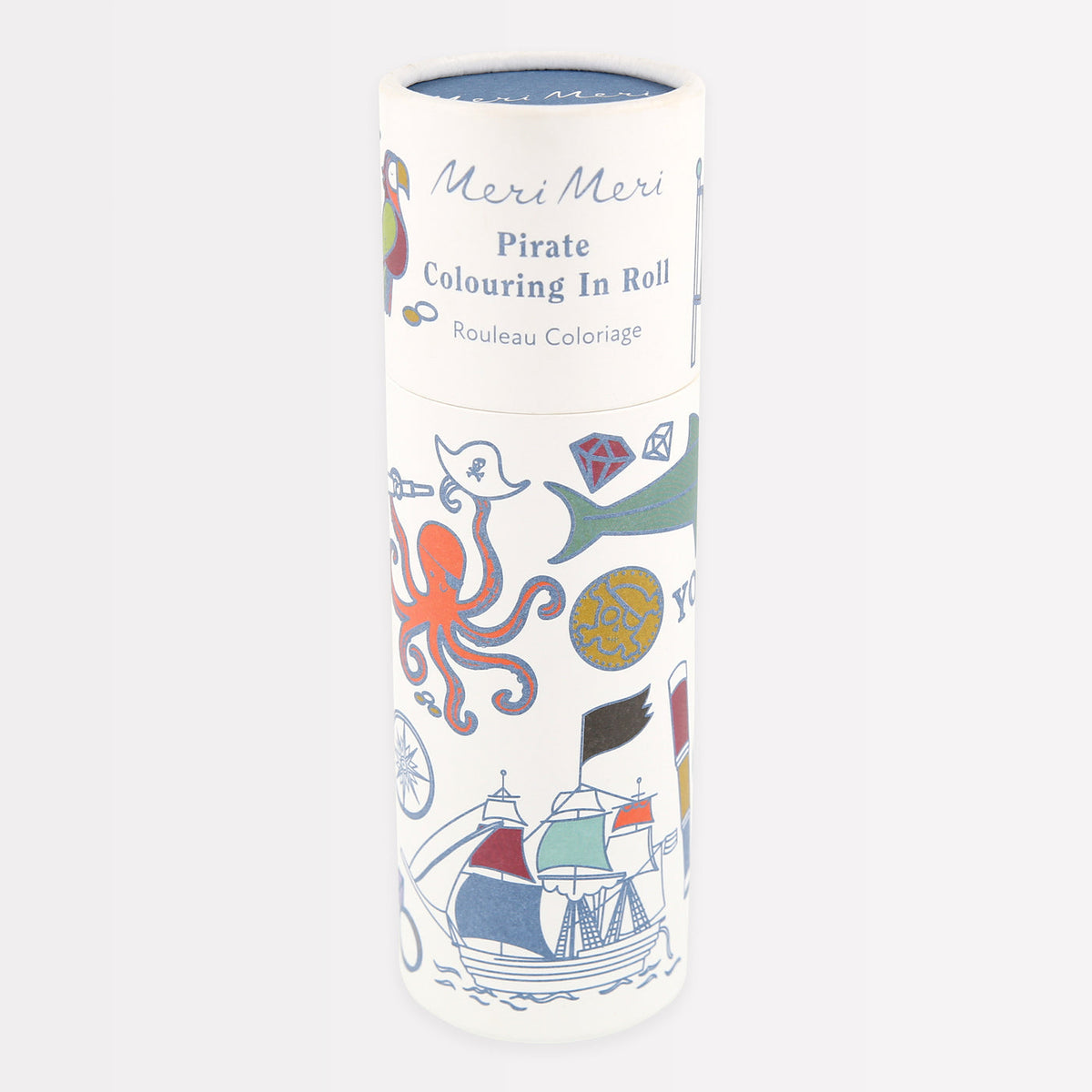Pirate-themed colouring roll with Meri Meri branding on a white background