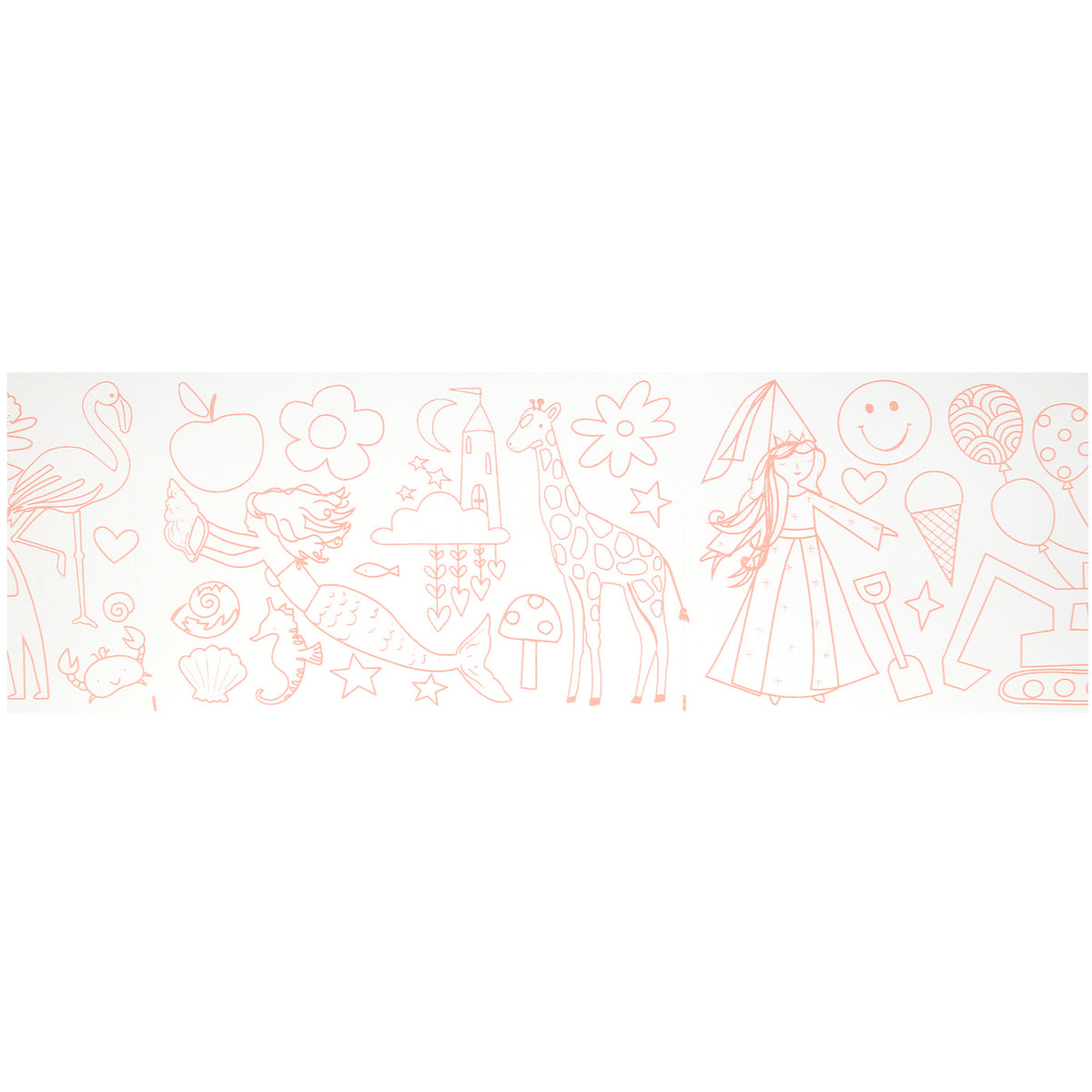 Decorative border with illustrations of a girl, animals, and flowers on a white background