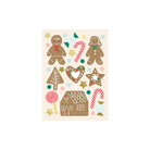 A flat illustration sheet featuring gingerbread-themed holiday motifs, including gingerbread people, a house, candy canes, stars, and ornaments on a light cream background.