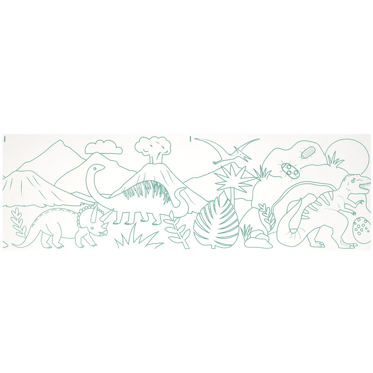 Outline of a prehistoric scene with dinosaurs and plants on a white background