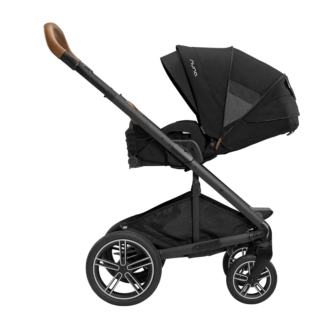 A profile view of a black MIXX Next + Pipa Aire RX Travel System by Nuna stroller featuring brown leatherette handlebar and armbar accents, shown against a checkered transparent background.