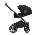A profile view of a black MIXX Next + Pipa Aire RX Travel System by Nuna stroller featuring brown leatherette handlebar and armbar accents, shown against a checkered transparent background.
