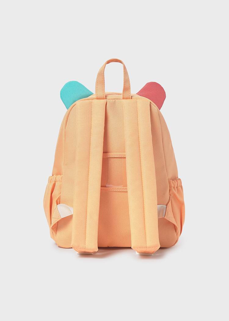 Orange backpack with colorful ears on a light gray background
