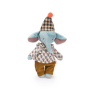 Stuffed elephant toy with a plaid hat and patterned outfit on a white background