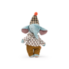 Stuffed elephant toy wearing a checkered hat and floral outfit on a white background