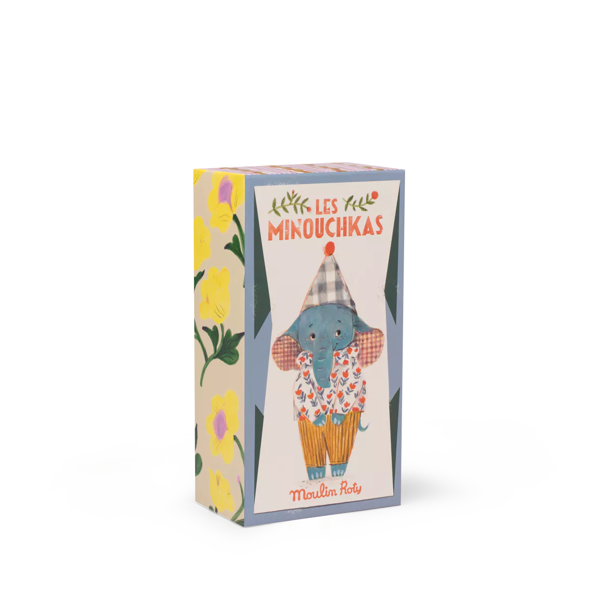 Box with a colorful design featuring an elephant and floral elements on a white background