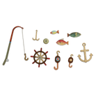 Set of nautical-themed decorative items including a fishing rod, anchors, fish, and a wheel on a white background.
