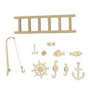 Set of wooden nautical-themed decorations including a ladder, fishing rod, fish, anchor, and steering wheel on a white background.