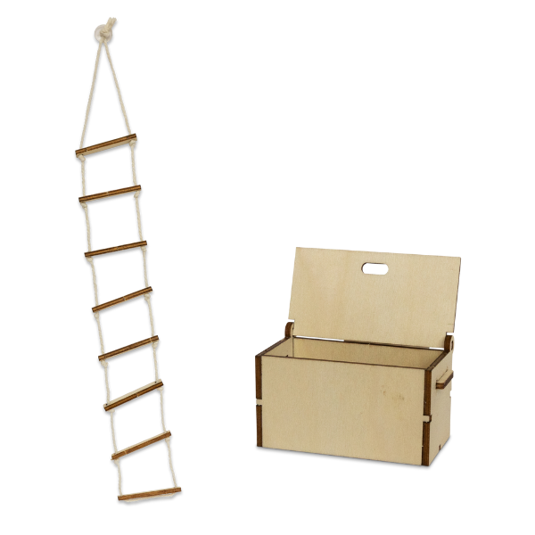 Cardboard box with a ladder attached on a white background