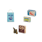 Collection of miniature packaging and accessories on a white background
