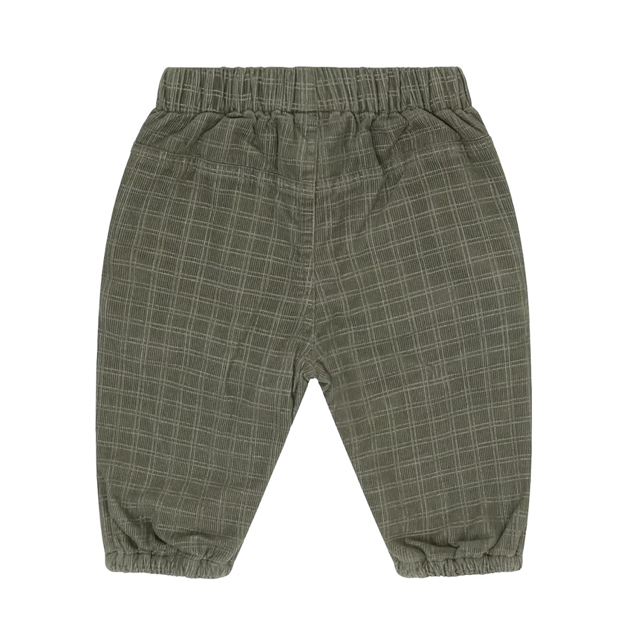 A pair of toddler pants in olive green corduroy fabric with a fine white windowpane plaid pattern, featuring an elastic waistband and elastic cuffs.