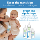 Advertisement for baby bottles with a woman holding a baby and bottles displayed.