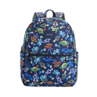 A navy blue backpack with a colorful space-themed print featuring rockets, aliens, planets, and stars, shown against a plain white background.