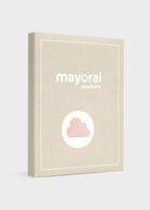 A rectangular beige product box or package standing upright on a light gray background. The front has white border lines, the text 'mayoral newborn' in white, and a white oval containing a pink cloud illustration.