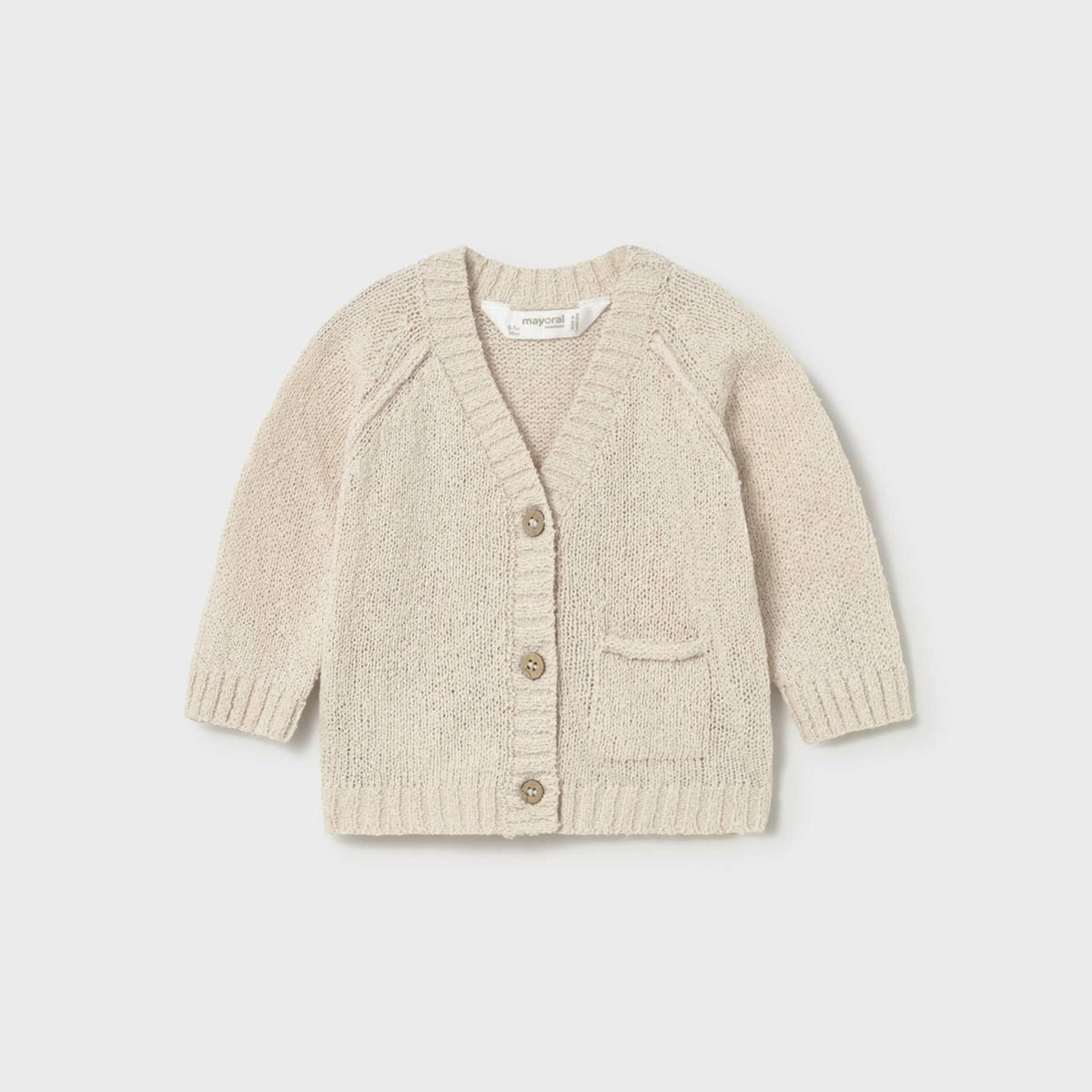 A cream-colored knit cardigan sweater for toddlers, featuring a V-neck, three wooden buttons, raglan sleeves, and a front patch pocket, shown on a light gray background.