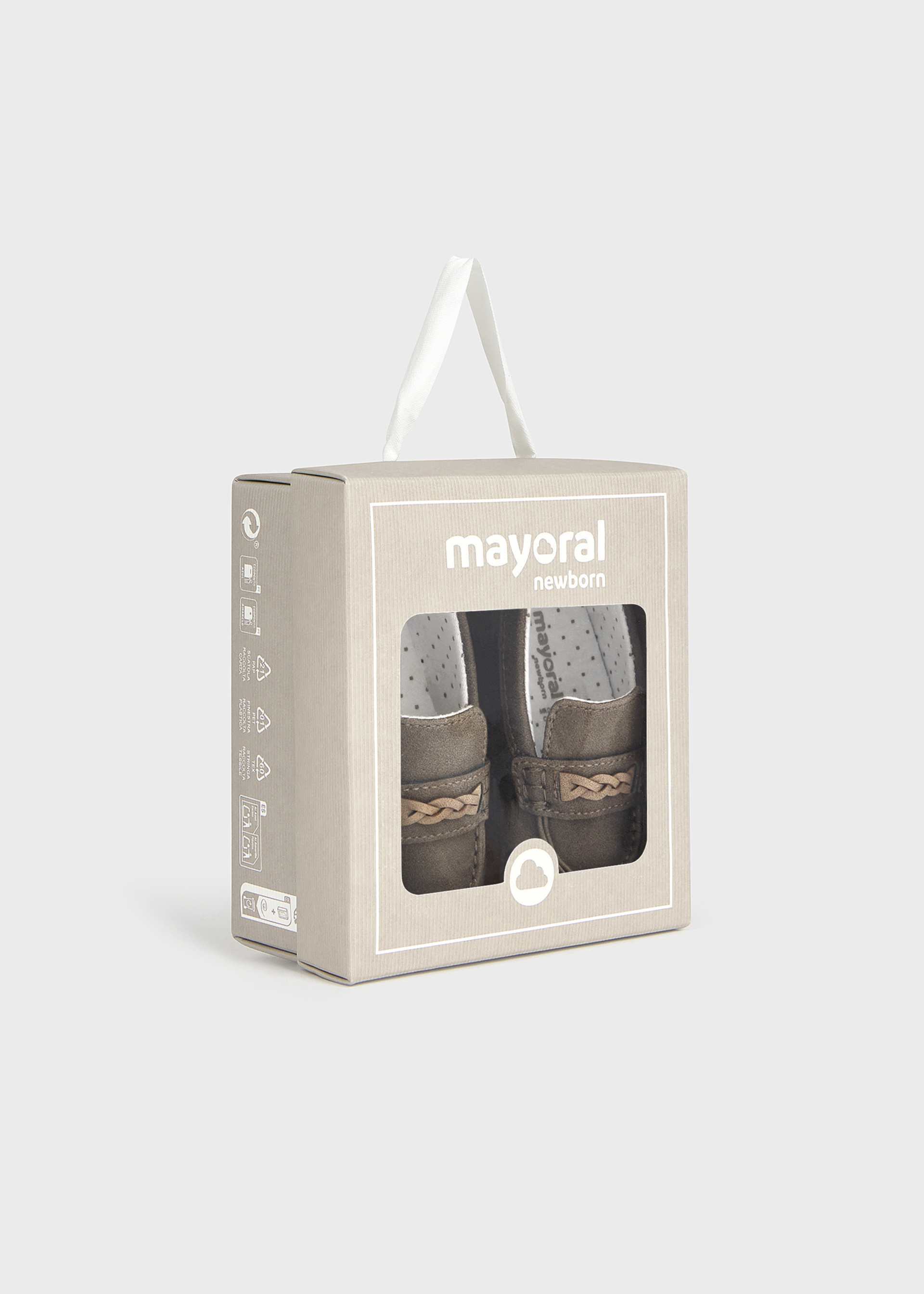 Mayoral newborn baby booties in their original packaging, featuring a light beige cardboard box with a clear window showing the gray and brown booties inside.