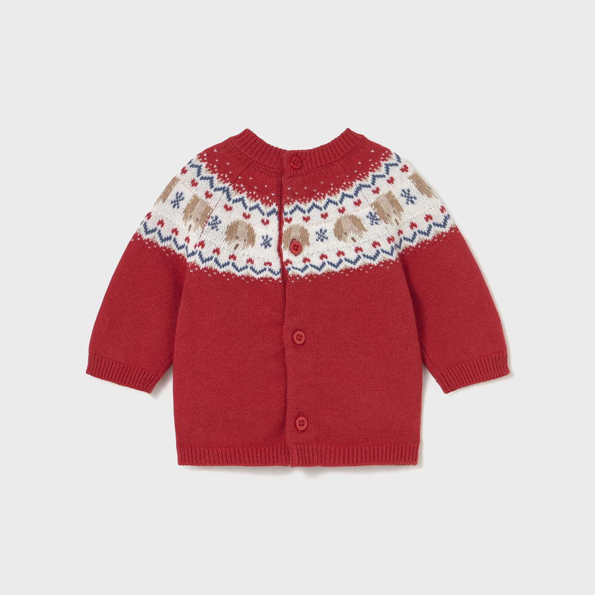 Red children's sweater with patterned collar on a light gray background