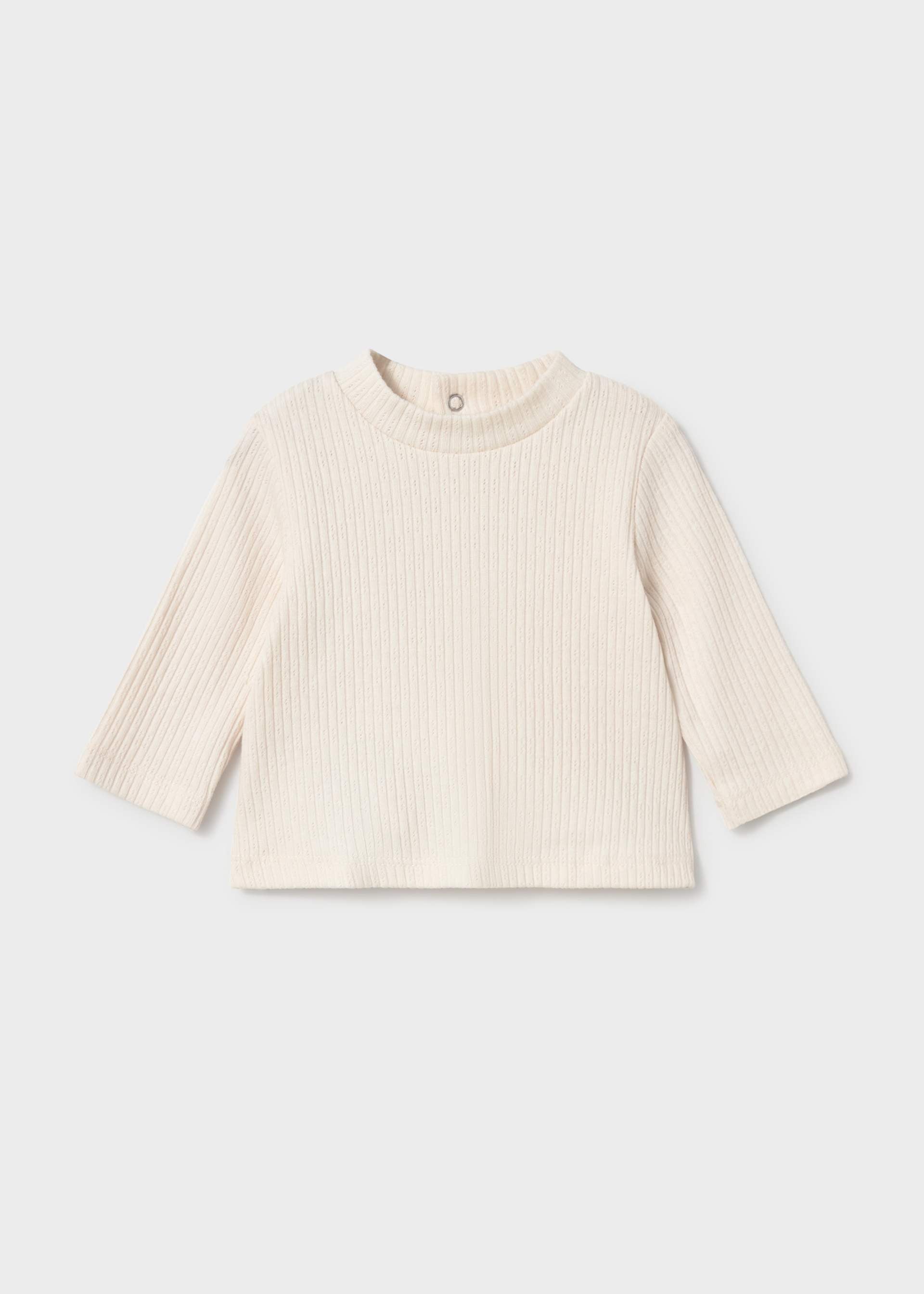 A cream-colored ribbed knit long-sleeve top with a mock neck, displayed flat against a light gray background.
