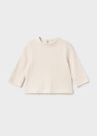 A cream-colored ribbed knit long-sleeve top with a mock neck, displayed flat against a light gray background.
