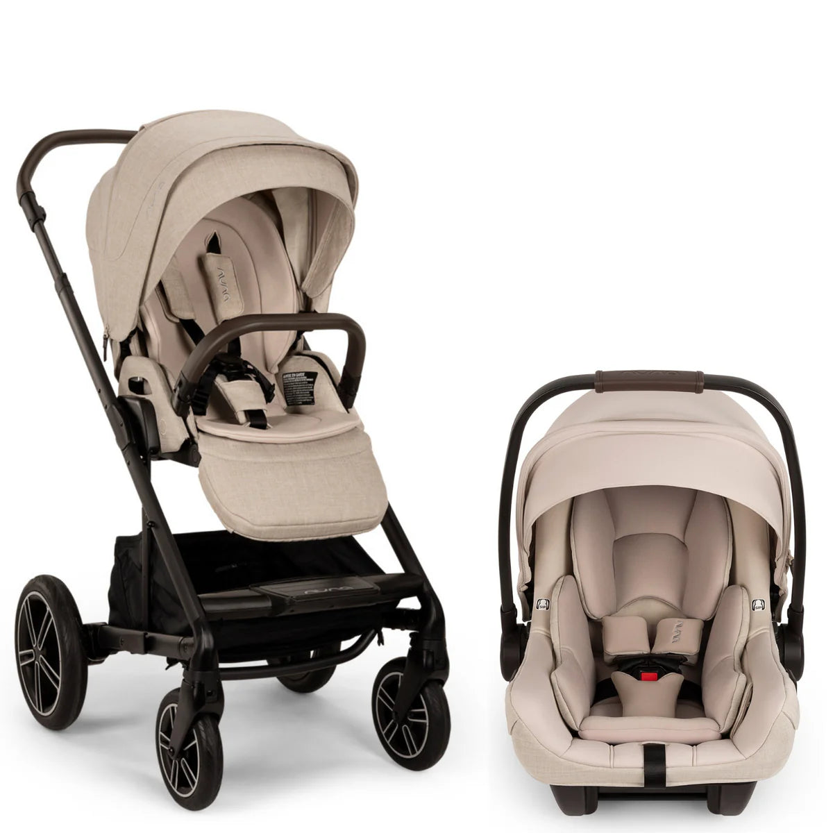 A stroller and infant car seat travel system shown on a clean white background. The stroller has a black frame and beige fabric, and the matching infant car seat is shown separately to the right, also in beige fabric with a black frame.