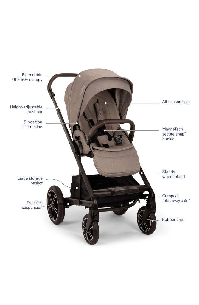 A profile view of a MIXX Next + Pipa Aire RX Travel System by Nuna stroller in Biscotti featuring a beige seat and canopy, a black frame, a brown leatherette handlebar, and callouts highlighting key features such as the extendable UPF 50+ canopy, all-season seat, free-flex suspension, and rubber tires, set against a clean white background.