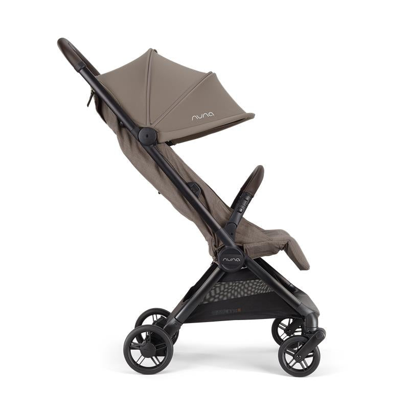 Black stroller with canopy on a white background