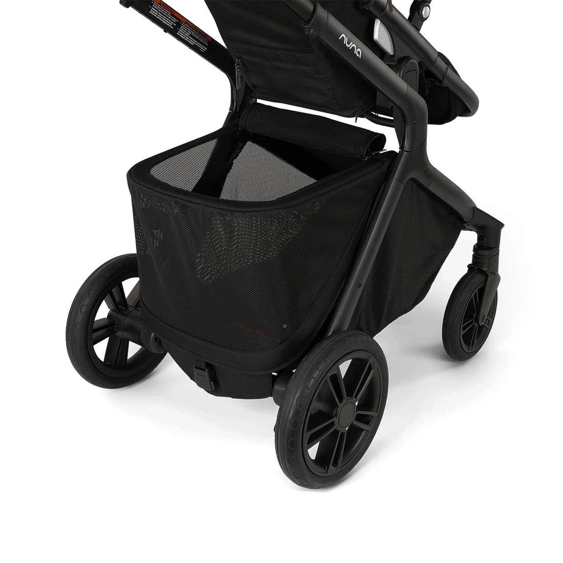 Black stroller with a mesh basket on a white background