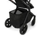 Black stroller with a mesh basket on a white background