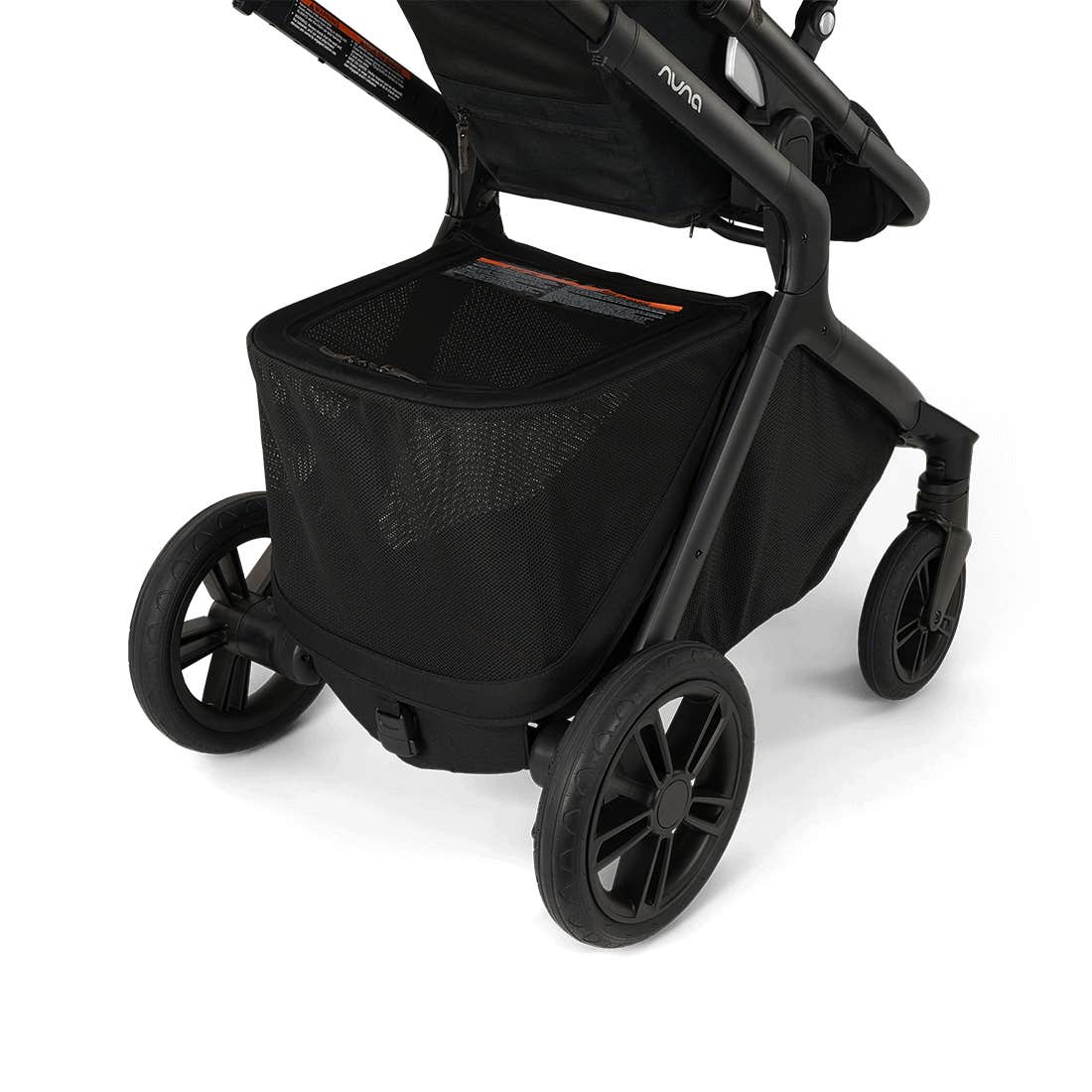 Black stroller with a mesh storage basket on a white background