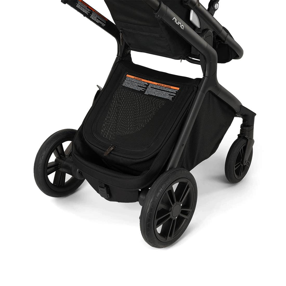Black stroller with a visible brand logo on a white background