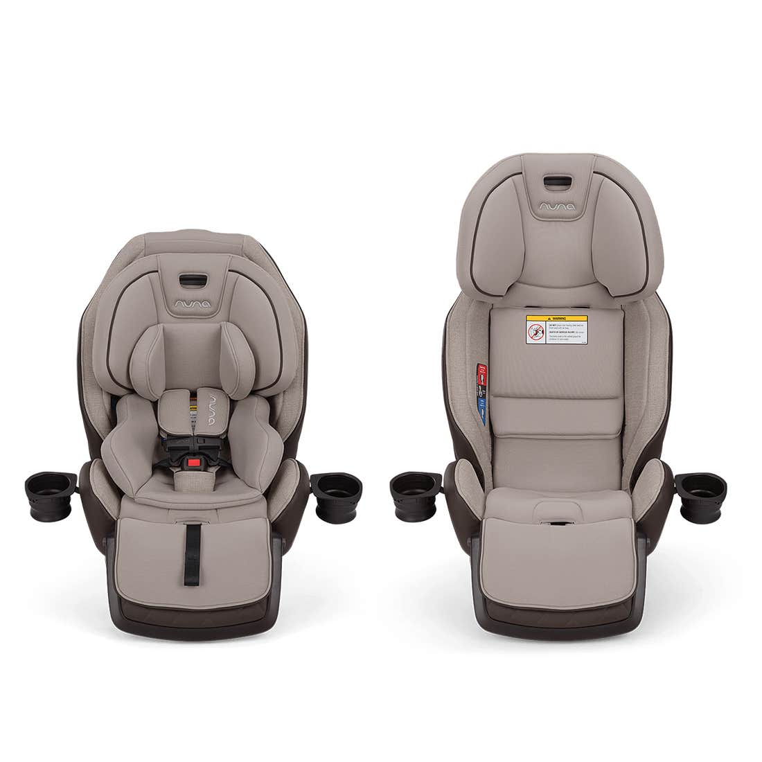 Two beige car seats side by side on a white background
