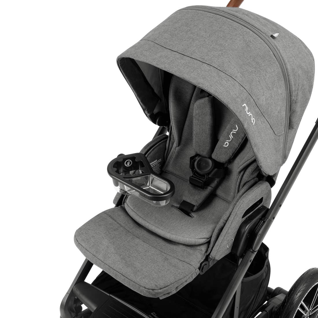 Snack tray shown attached to a a grey Nuna stroller
