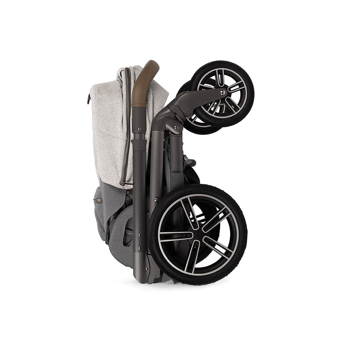 A folded stroller in a light gray and dark gray colorway, shown from a side profile view against a solid white background.