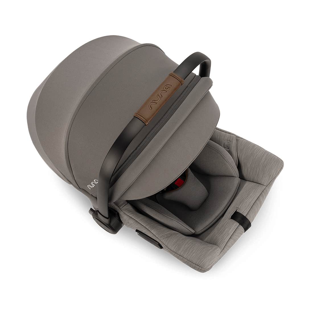 Gray baby car seat with brown logo on a white background