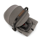 Gray baby car seat with brown logo on a white background
