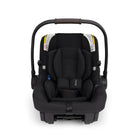 Black baby car seat with canopy on a white background